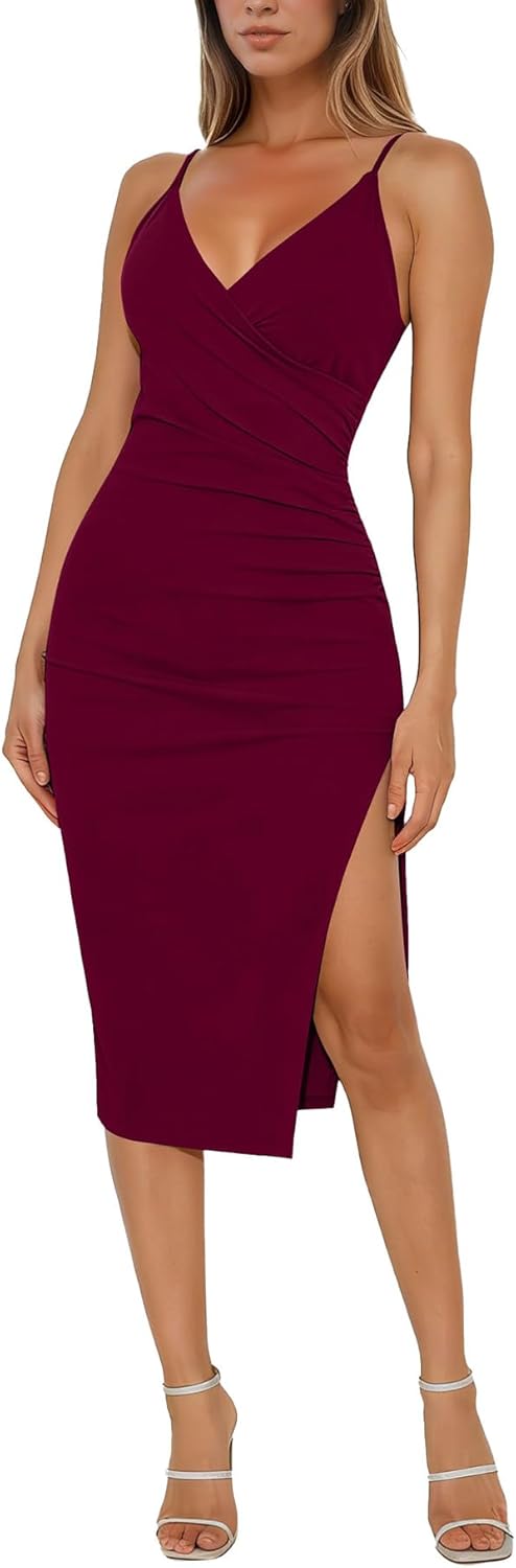OWIN Women's Sexy V Neck Sleeveless Adjustable Spaghetti Straps Bodycon Ruched Midi Split Cocktail Club Party Dress