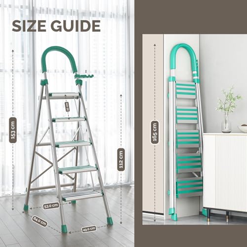 Image of Heavy Duty Steel Folding Ladder Steps with 7 Year Warranty* Foldable Stairs | Anti-Slip Step Ladder | Compact Folding for Home | Sturdy Stairs for Home Use & Storage (Aluminium Step 5)