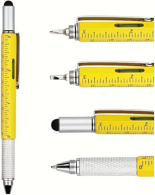 Multitool Pen with Leveler, Precision Screwdriver, Pen, Ruler, Retractable Pocket Tool Suitable for On-the-Go Repairs, DIY & - Compact & Portable - Gift for Men, And Dad (Yellow)