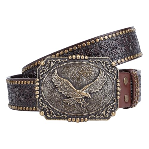 FREEBLOSS Western Cowboy Belt Double Embossed Leather Belts with Printed Engraved Buckle for Women Man Gift, Antique Tin Color 48.8