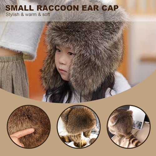Raccoon Hat for Kids, Soft Cozy Thick Warm Furry Hat, Cute Coonskin with Tail, Adjustable Scene for Cold Weather, M3