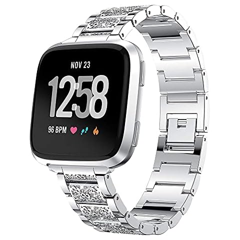 AISPORTS Compatible with Fitbit Versa 2 Strap for Women, Crystal Bling Glitter Diamonds Rhinestones Jewelry Metal Bracelet Wristband Replacement Strap for Fitbit Versa 2/Versa/Versa Lite Smart Watch Cover