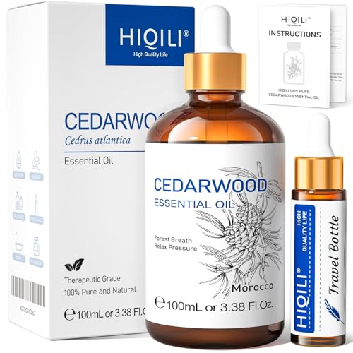 HIQILI Olio Essenziale di Legno di Cedro 100ml, 100% Naturale di Grado Terapeutico, Contagocce in Vetro Premium, per la Cura dei Capelli e Della Pelle, per la Produzione di Sapone