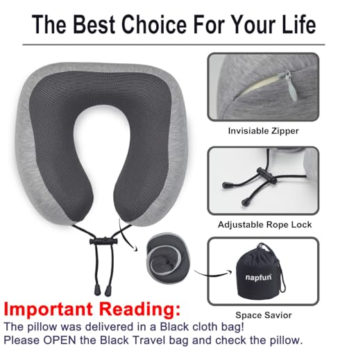 napfun Neck Pillow for Traveling, Travel Neck Pillow for Airplane 100% Pure Memory Foam Travel Pillow for Flight Headrest Sleep, Portable Plane Accessories, Light Grey Set