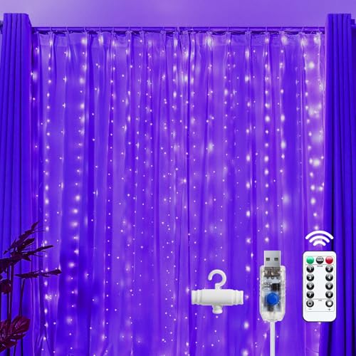 Brightown 300 LED Fairy Curtain Lights, 9.8ft x 9.8ft String Lights, USB Plug in 8 Lighting Modes Christmas String Hanging Lights with Remote for Bedroom Indoor Outdoor Party Xmas Purple 1 Pack