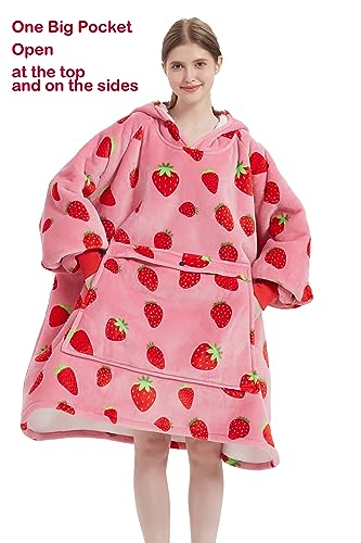 VERTAST Übergroße Hoodie Decken Sweatshirt, Super Warmer Dicke Sherpa Deckenpullover Blanket Hoodie Kuschelpullover für Damen Herren, Rosa Erdbeere