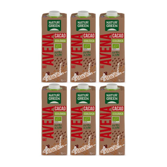 NaturGreen - Bebida Vegetal Avena Cacao BIO, Ingredientes de Agricultura Ecológica, Sin Lactosa, Sin Azúcares Añadidos - Pack 6 Unidades de1 L