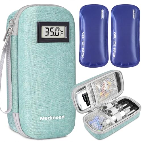 Insulin Cooler Travel Case with Temperature Display with 2 x 125g TSA Approved Ice Packs,EVA Portable Medicine Travel Cooler for Diabetic Supplies Storage for the Daily Life and Trip(Green)