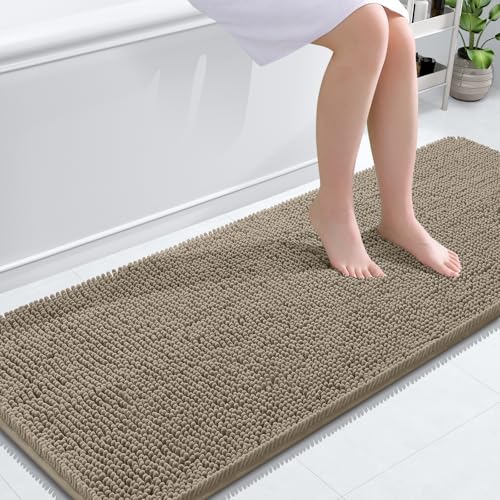 Image of OLANLY Bathroom Runner Rugs 59x24, Soft Absorbent Chenille Bath Rugs, Rubber Backing Quick Dry, Machine Washable Long Bath Mats for Bathroom Floor, Tub and Shower, Home Decor Accessories, Warm Taupe