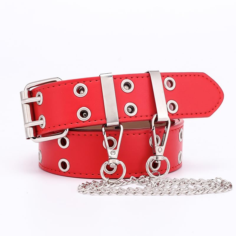 Women Men Double Grommet Studded Belt Punk Rock Gothic for Jeans Pants with Chain3