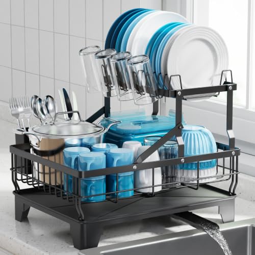 GSlife Dish Rack for Kitchen Counter - 2 Tier Dish Drying Rack, Black