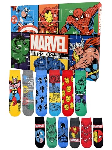 United Labels Calendario de Adviento Marvel con 12 pares de calcetines para hombre, tamaño 40-45, calendario con zapatillas y calcetines largos, calendario de Navidad regalo