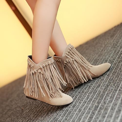 Women's Tassels Suede Mid Calf Boots,Retro Pointed Toe Inner Heightening Slip-on Ankle Boots Hidden Mid Heel Shoes Outdoor Cowgirls Low Heel Boots4