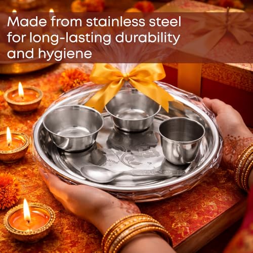 Image of Pure Stainless Steel Laddu Gopal Bhog Thali Set | 5-Piece Traditional Pooja Bhog Plate with Bowl, Glass & Spoon | Ideal for Daily Rituals, Janmashtami & Festive