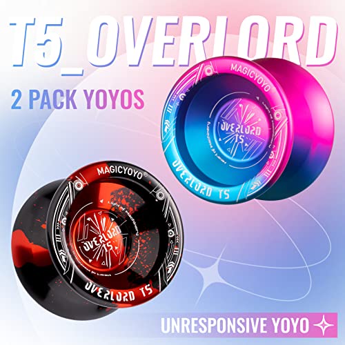 YOSTAR 2 Pack Yoyos T5 Overlord, Unresponsive Yoyo Professional Yoyo Made of Alloy Aluminum, Metal Trick Yo-yo with 10 Yoyo Strings, 2 Yo Yo Bags, 2 Yo-yo Gloves (Blue Pink + Black Red)