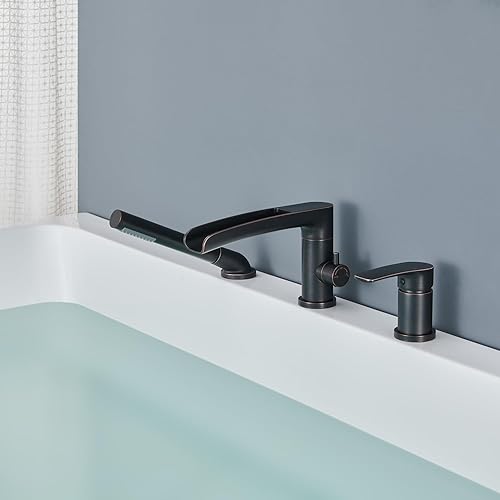 Miniatura 8 de Grifo de bañera romana en cascada de bronce aceitado para montaje en cubierta, grifos de baño de latón con ducha de mano