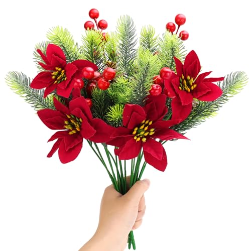 BINYI Lot de 4 branches de sapin artificielles comme de vraies baies rouges - Branches de Noël artificielles - Bouquet de Noël - Décoration de Noël
