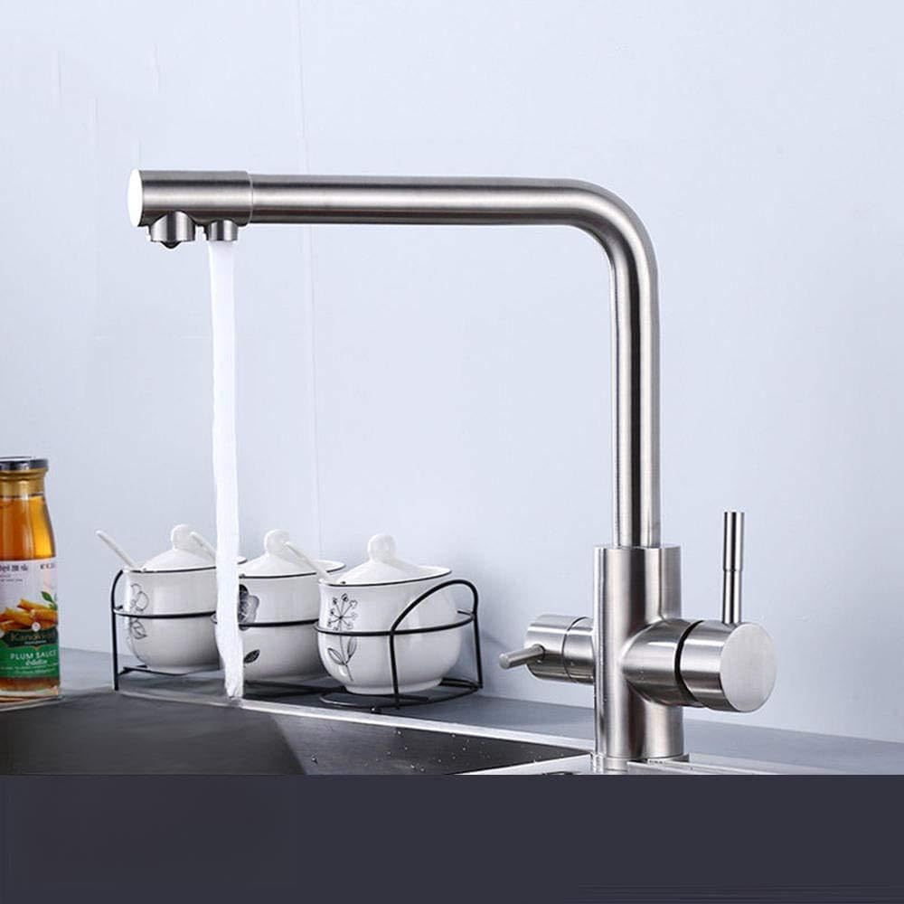 WHLTYH Kitchen Faucet 3 Way Water Filter Tap 304 Stainless Steel Hot and Cold Sink Double Outlet Direct Drinking Water Purifier Kitchen Faucet-F