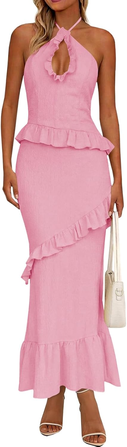 Wenrine Womens Sexy Halter Maxi Dress Cutout Sleeveless Ruffle Tassel Backless Party Club Summer Dresses