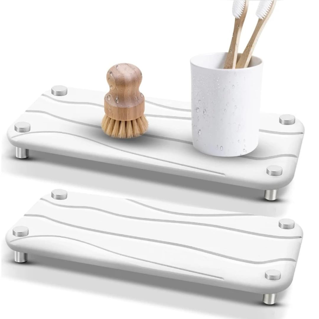 Bathroom dry sink Tray | Vanity Tray | Instant Dry Diatomite Sink Organizer | sink candy | Sponge Holder for Kitchen & Bathroom |Kitchen Countertop Fast Drying (White)