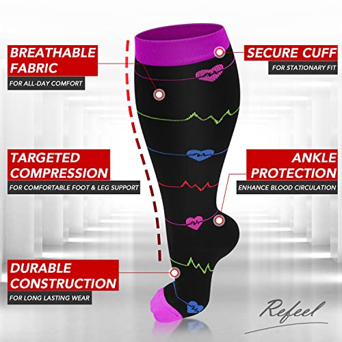 Image of Refeel 3 Packs Plus Size Compression Socks Wide Calf For Women & Men - Large Size Knee High Support Stockings For Medical