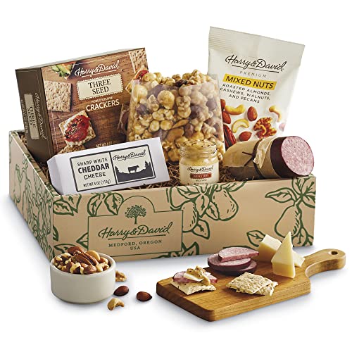 Harry & David Snack Box, Snack Gift Basket & Care Package For All Occasions, Food Gift Baskets For Women & Men, Includes Caramel Popcorn, Smoked Sausage, Cheese, Mixed Nuts & 3 Seed Crackers