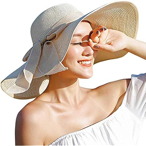 Womens 5.5 Inches Big Bowknot Straw Hat Large Floppy Foldable Roll up Beach Cap Sun Hat UPF 50+(L-Beige) Cover
