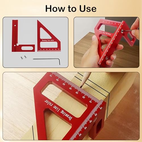 3D Multi Angle Measuring Ruler, 45° & 90° Degree Triangle Scriber Square Protractor, Miter Triangle Ruler Measuring Tool for Engineer Aluminum Inch Scale for Carpenters and Woodworkers (Red)