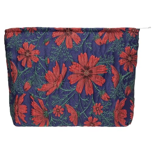 Flat Makeup Bag for Women,Zipper Cosmetic Pouch for Purse,Brocade Navy Blue