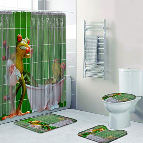 Duschvorhang Grüner Frosch Badezimmerteppich 4-Teiliges Set, Duschvorhang 180x180 Polyester+Badematte rutschfeste(50x80…