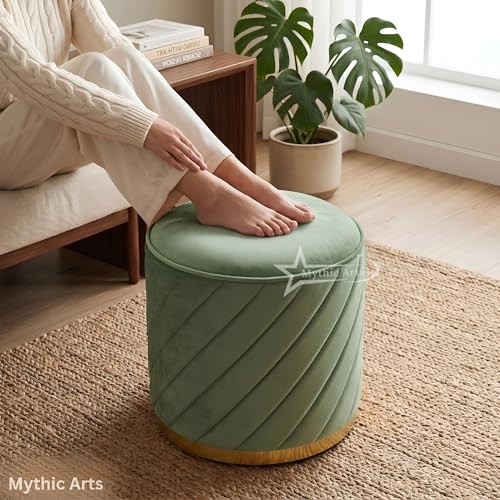 Image of Ottoman Stool, Puffy Stool, Sitting Stool, Modern Upholstered Round Ottoman, Dressing Table for Living Room (Green)