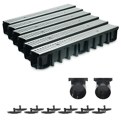 6m Entwässerungsrinne Terrassenrinne Stahlrost verzinkt komplett SET, System A15 148mm, inkl. Zubehör