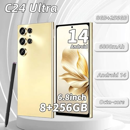 Image of C24 Ultra Unlocked Phone, 8GB+256GB Large Storage Smart Phone, | Android 14 Cell Phone, 6800 mAh Battery, 6.8-inch /5G Dual SIM [Works with T-Mobile, AT&T] Gold