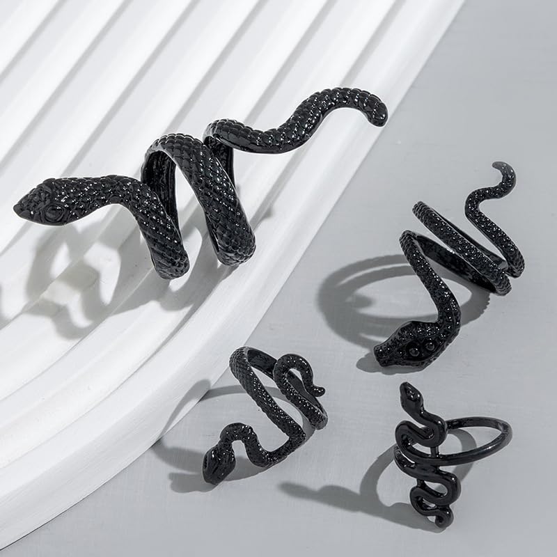 Anillos de serpiente negra para mujer, joyería ajustable de serpiente negra para mujer, accesorios góticos vintage, juego de anillos punk góticos, joyería de Halloween, Cobre, Sin piedras preciosas 5