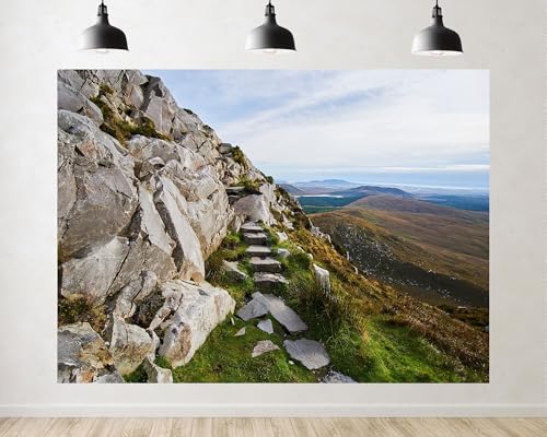Trykid 5x3ft Rocky Mountain Stone Steps Hiking Trail Backdrop Distant Lake Valley Scene Photography Background Outdoor Adventure Party Decoration Tapestry Photo Booth Prop Fabric