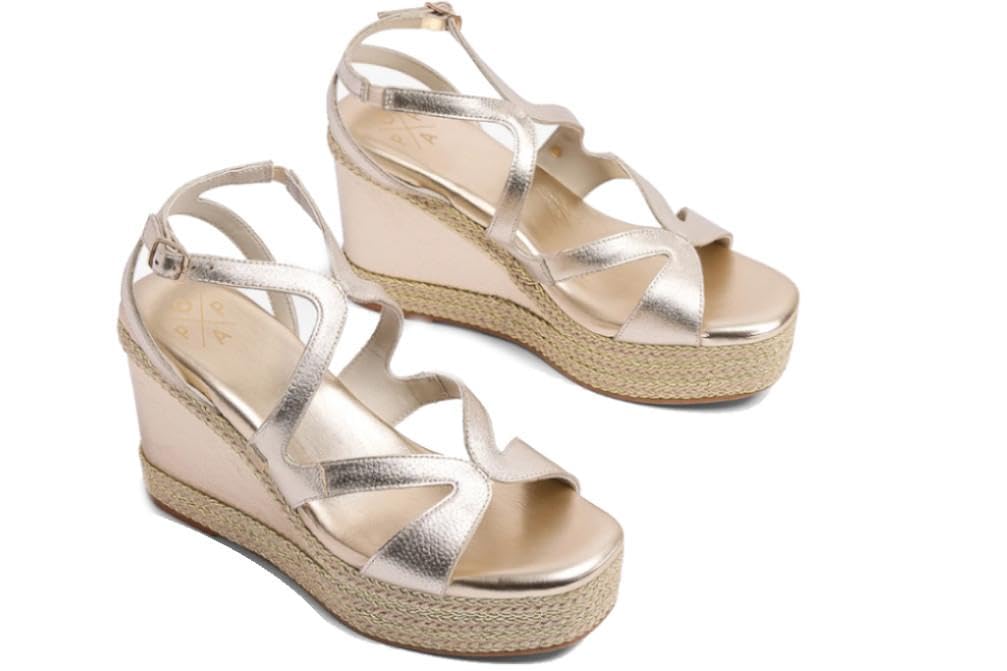 Sandalias con cuña alta de esparto Popa Okinawa en oro - Mujer