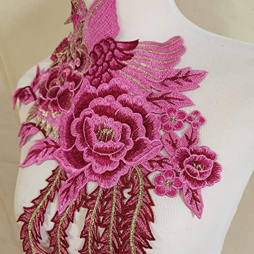 1PCS Peacock Flower Embroidered Lace Neckline Collar Warm Tones Floral Brown Leaf Applique Patches Scrapbooking Embossed Sewing (Hot Pink A)