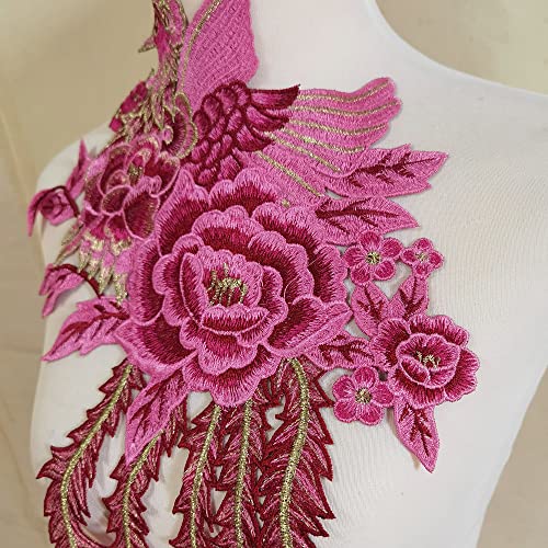 1Pcs Peacock Flower Embroidered Lace Neckline Collar Warm Tones Floral Brown Leaf Applique Patches Scrapbooking Embossed Sewing (Hot Pink A) #TOP2