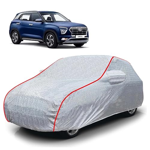 Image of Sulfar 100% Waterproof Car Body Cover Compatible with Mirror for Hyundai Creta (Triple Stitched, Full Bottom Elastic, Magic Silver with Red Piping)