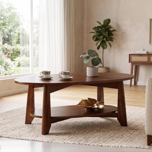 Image of Royaloak Atlanta American Wooden Center Table for Living Room | Solid Wood | Bottom Shelf | Oval Designed Surface for a Sophisticated Look | Angled Legs for Stability |Living Room Centre Table