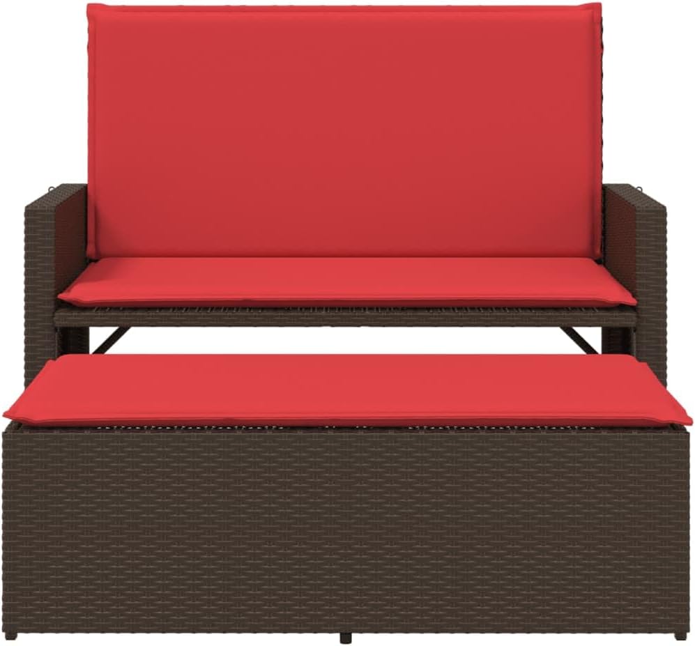 Brown 2-in-1 Patio Loveseat 48"x21.7"x38.2" PE Rattan Sofa Bed with Footstool & Red Cushions Weather-Resistant Outdoor Seating for Garden Poolside Porch