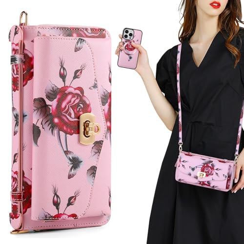 Coque portefeuille iPhone 16 Pro Max en similicuir floral rose premium