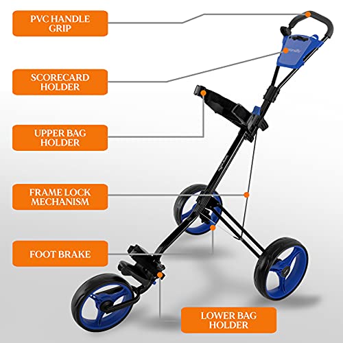 Serenelife 3-Wheel Golf Push Cart - Lightweight Folding Walking Roller Trolley Bag Storage, Upper & Lower Bracket W/Elastic Strap, Foam Handle Grip, Scorecard Holder, Foot Brake, 33Lb Max Load #TOP5