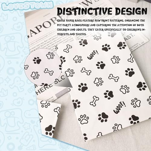 LovesTown 16 Pack Goodie Bags, 5.5 x 2.8 x 7.9 Inch Animal Party Favor Paw Prints Gift Bags with Handles for Dog Pet Themed Party Retail Grocery Bulk Supplies