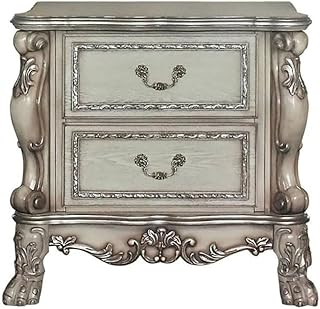 Solid Wood Nightstand with 2 Drawers Vintage Bone White Finish Rococo Style Bedside Table with Dovetail Front and Back Ball Bearing Glides Felt Lined Drawers for Main Bedroom