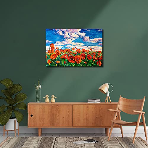 TISHIRON Red Flowers Canvas Prints Wall Art Flower Field under the Setting Sun Oil Paintings Pictures for Home Decorations Modern Stretched and Framed Giclee Artwork 16x24 inch - Image 4