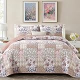 Dinjoy Patchwork Quilt Set Queen Size,Reversible Brown Floral Plaid Patchwork Summer Bedspread Coverlet Set, 3 Pieces Soft Microfiber Reversible Lightweight Bed Cover for All Season (96'x90')