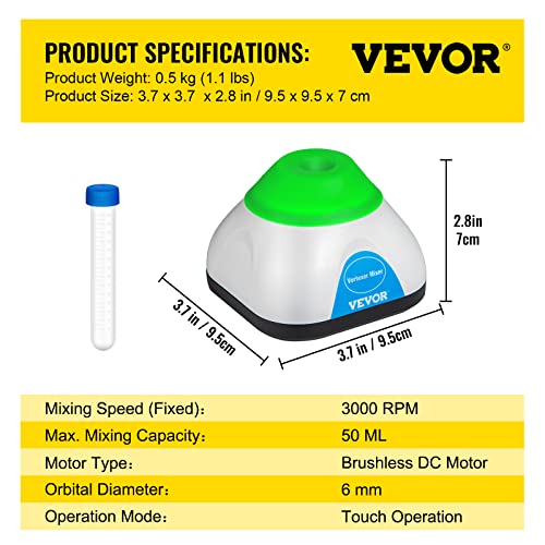 Vevor Vortex Mixer, 3000Rpm Mini Vortex Mixer Shaker, Touch Function Scientific Lab Vortex Shaker, Mix Up To 50Ml, 6Mm Orbital Diameter For Test Tube, Tattoo Ink, Nail Polish, Eyelash Adhesives, Paint #TOP6