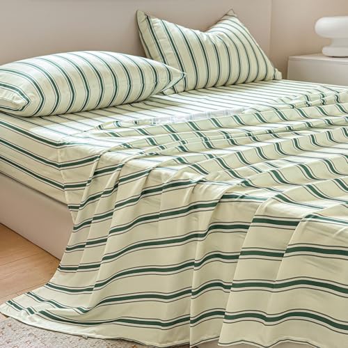 NSNLGSGC Sage Green Retro Striped Queen Bed Sheets, 4-Piece
