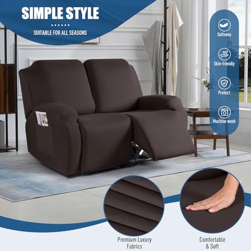 Image of TAOCOCO Recliner Loveseat Covers Stretch Sofa Covers for 2 Seat Large Reclining Couch, 2 Pieces Reclining Loveseat Covers Soft Washable Furniture Protector with Pocket (2 Seater Oversized, Coffee)